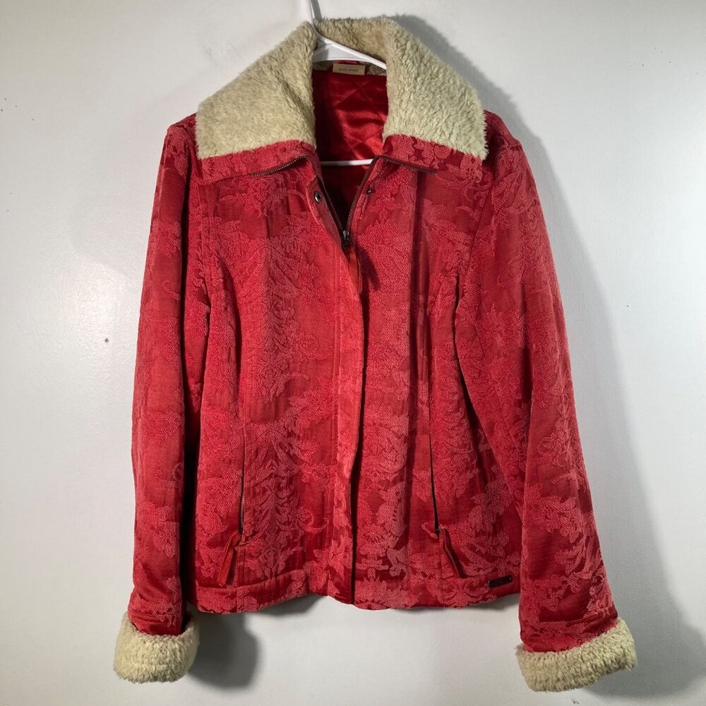 Womens Vintage Ruff Hewn Insulated Brocade Zip Jacket Faux Fir Trim Zip Pockets